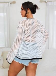 SHEIN Swim Curve Plus Size Women Black & White Knit Long Sleeve Belted Kimono Cover Up, Casual For Vacation And Beach For Summer