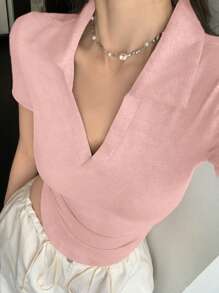 DAZY 新款春夏女款白色 Polo 领短袖 T 恤 - 粉色 - 查看 2