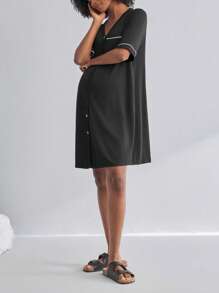 BloomMama Maternity Short Sleeve Nursing Nightgown With Lace&Button,Fashion Loungewear Sleepwear Pajama Dress Sleep Shirt