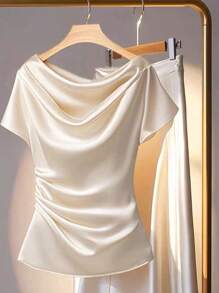 Franclia Blusa elegante de verano de unicolor, con cuello con volantes, manga corta y plisada - Albaricoque - Ver 1