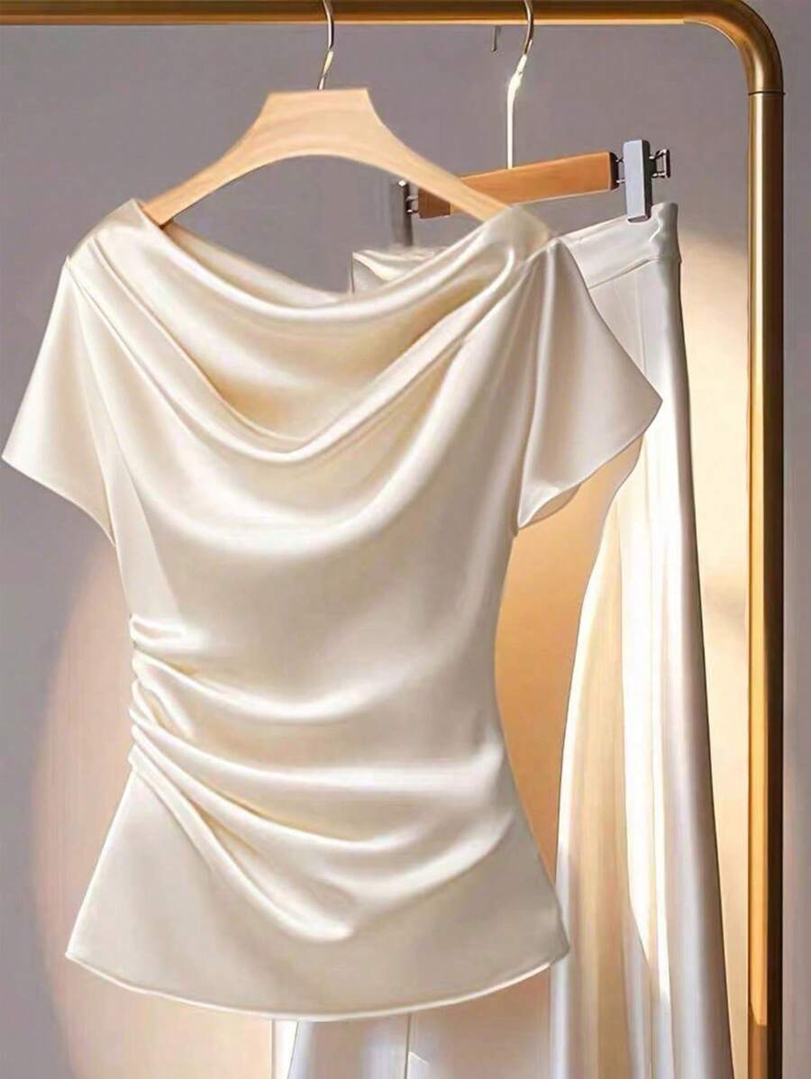 Franclia Blusa elegante de verano de unicolor, con cuello con volantes, manga corta y plisada - Albaricoque - Ver 1