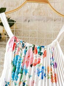SHEIN LUNE Robe longue imprimée florale avec col ras-du-cou, nœud papillon, plissée en forme de A. Élégante et romantique, grande taille, été - Multicolore - Voir 3