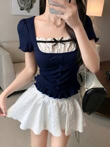 DAZY Women Casual Contrast Bowknot Short Sleeve T-Shirt, Cute Top