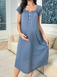 Moonlight&Mama 超柔软花卉欧根纱和撞色蕾丝纽扣开合休闲睡袍，孕妇睡衣 - 藍色 - 查看 4