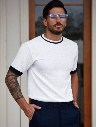 Manfinity CityGents Men's Contrast Color Splicing Cuff Crew Neck Short Sleeve Knit Top Nice Shirts For Men's Old Money Men Knit Top Summer Old Money