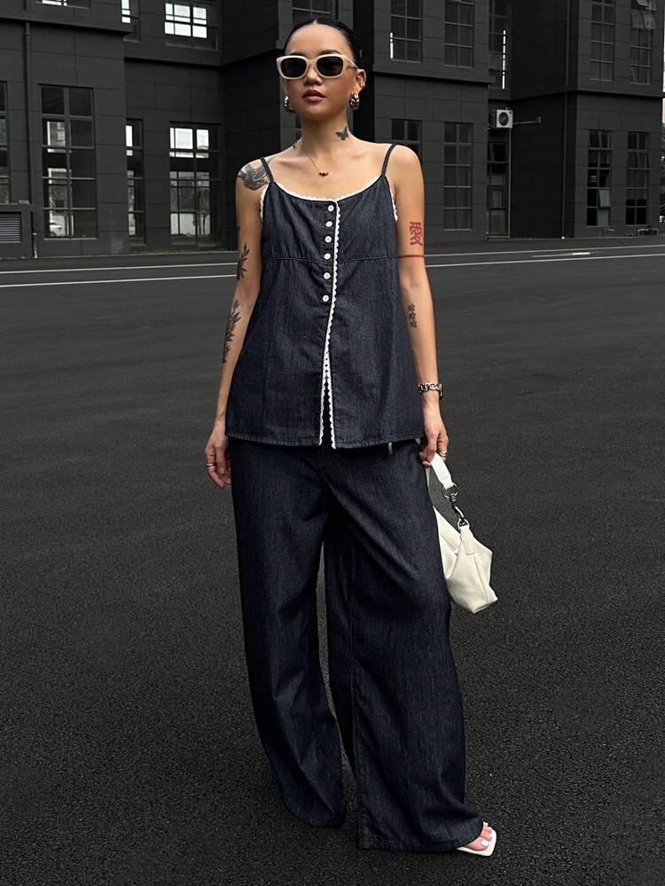 Women Sleeveless Denim Jumpsuit With Spaghetti Strap, Spring/Summer