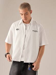 SWAVVY Men's Casual Loose Short Sleeve Stripe Woven Shirt, Fashionable Daily Wear For Young Guys, School - White - View 2