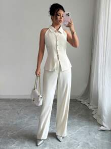 Modelyn 2pcs/Set Women Designed Collared Blouse And Slim Fit Pants, Elegant And Slimming - Apricot - View 7