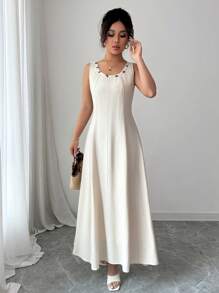 Gloray Damen Leinenkleid mit rundem Ausschnitt und ärmellos für den Berufsalltag