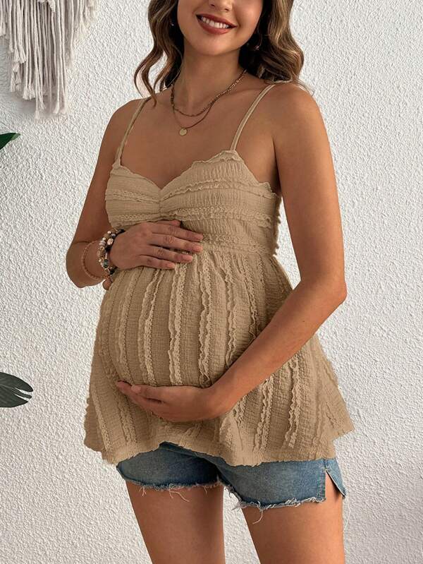 SHEIN Women's Fashion Solid Color Lace Design Pleated Maternity Camisole Tank Top