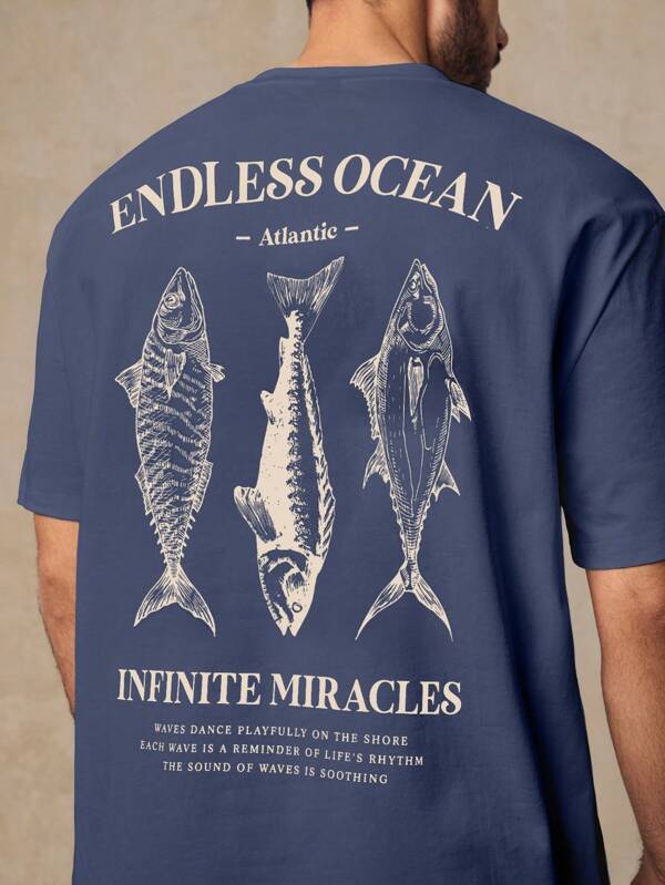 HIMLAND Men's Casual Fish Graphic Print Loose Drop Shoulder Crew Neck Short Sleeve Oversized T-Shirt, Suitable For Everyday Wear, Summer Fish Shirts Men Fishing Tshirt Graphic Tees Men Blue Mens Beach T Shirt