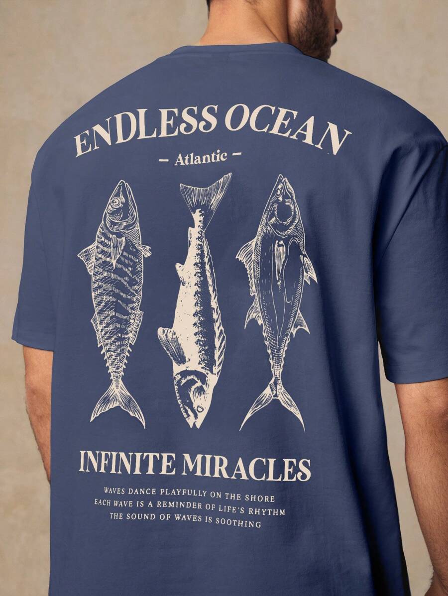 HIMLAND Men's Casual Fish Graphic Print Loose Drop Shoulder Crew Neck Short Sleeve Oversized T-Shirt, Suitable For Everyday Wear, Summer Fish Shirts Men Fishing Tshirt Graphic Tees Men Blue Men Beach T Shirt