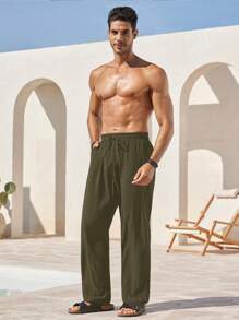 Manfinity RSRT 男士纯色休闲日常裤 - 軍綠色 - 查看 3