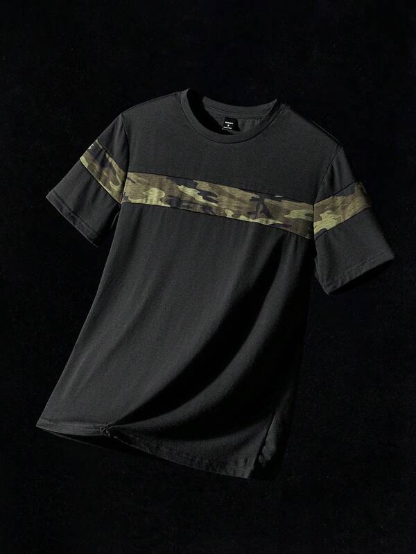 NEON BLANC Camiseta de hombre ajustada de cuello redondo de manga corta con panel de camuflaje verde militar casual de verano, para uso diario