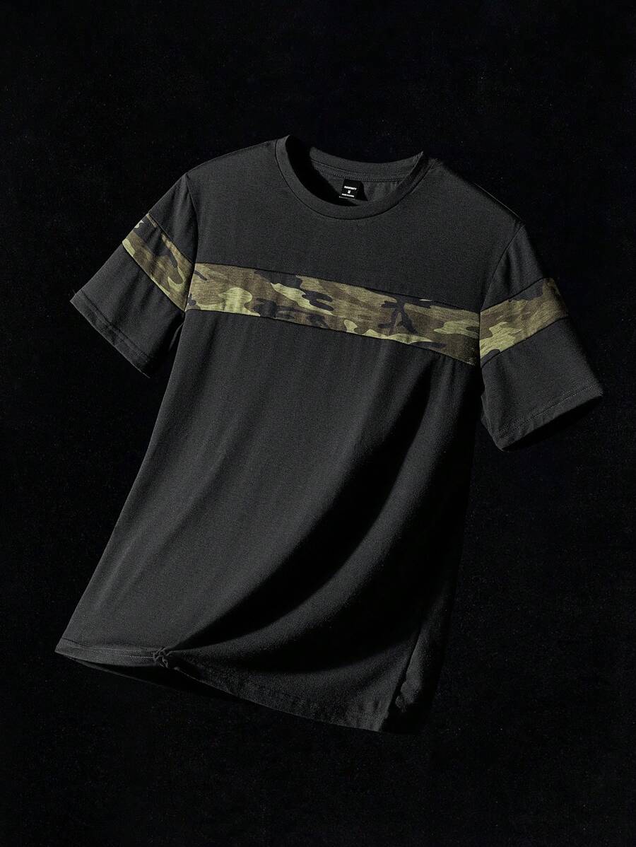 NEON BLANC Men T-Shirts Fit Crew Neck Short Sleeve Camo Casual Army Green Panel Summer Tee, Streetwear Casual - Black - View 1
