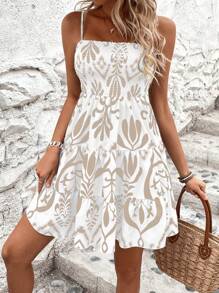 Breezaya 女士印花吊带裙 - 卡其色 - 查看 4