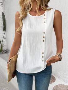EMERY ROSE Women Round Neck Single-Breasted Sleeveless Top, Versatile For Summer - White - View 4