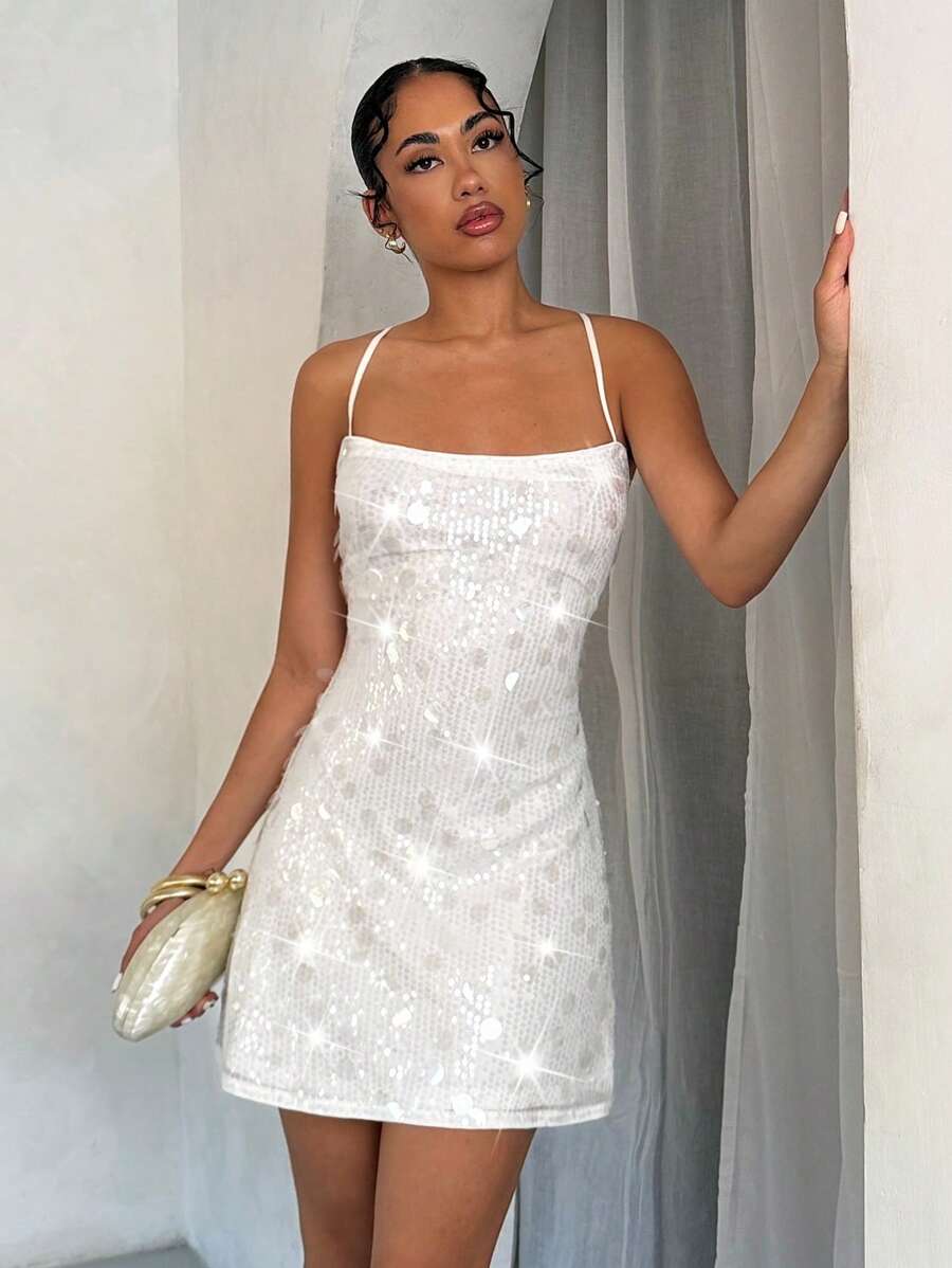 SHEIN BAE Women's Fashionable Sexy Sequin Backless Mini Dress, Summer Party Dresses For Women