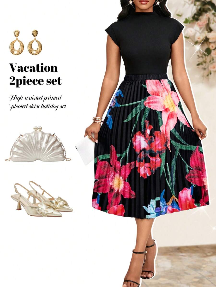 SHEIN Lady Fashion Short-Sleeved Stand-Up Collar Solid Color Top And High Waist Slimming Large Swing Printed Pleated Skirt Holiday Suit Women's Two Pieces Suit - Multicolor - View 1