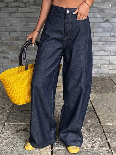 DAZY 女式宽松阔腿牛仔裤，西部牛仔装饰缝线，口袋，休闲街头风格夏季裤子