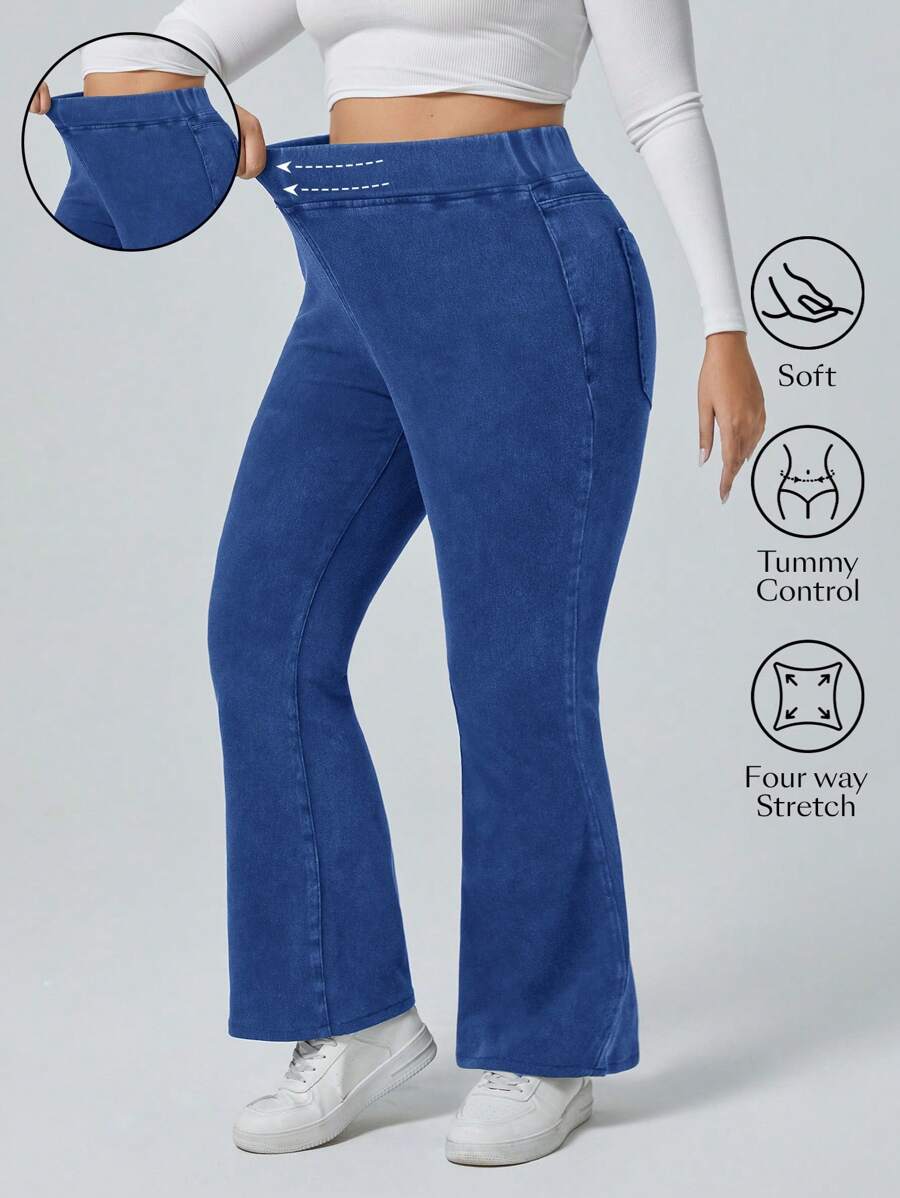 Flexra Quần Jeans Ống Rộng Co Giãn Co Giãn Lưng Thun Màu Trơn Size Lớn Thường Ngày - Rửa trung bình - Xem 1