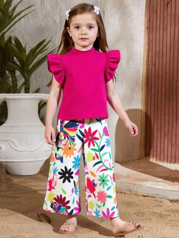 2pcs/Set Girls Casual Sleeveless Tank Top + High Waist Wide Leg Pants, 4-7 Years, Summer Outfit