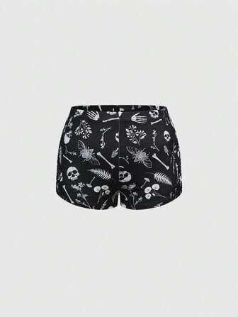 Plus Size Gothic Dark Floral Skeleton Print Elastic Waist Shorts