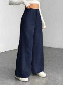 SHEIN PETITE Women Loose Fit Low Waist Plain Flared Trousers,Cargo Pants - Navy Blue - View 4