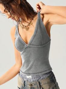 Bohemela Top corto da donna a costine, con scollo a V, di colore unito, adatto per lo stile casual da vacanza estiva