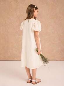 Ontre Tween Girls Loose Casual Puff Sleeve Butterfly Decor Dress - Apricot - View 2