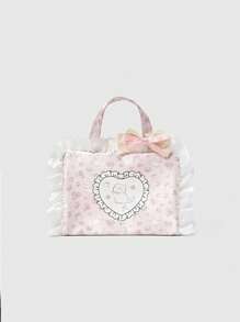 ROMWE Kawaii Borsa portatrucchi portatile di grandi dimensioni, con motivi carini da ragazza in pizzo bianco, quadretti rosa e fiocchi
