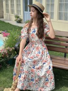 DAZY 少女花卉印花露肩荷叶边休闲迷你连衣裙，女孩夏季服装，返校服装 - 粉色 - 查看 2