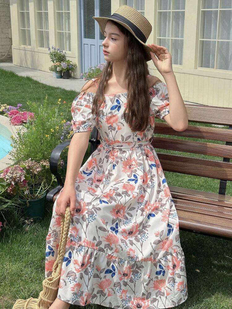Teen Girls Floral Print Open Shoulder Ruffles Casual Mini Dress,Girls Summer Outfits,Back To School Clothes