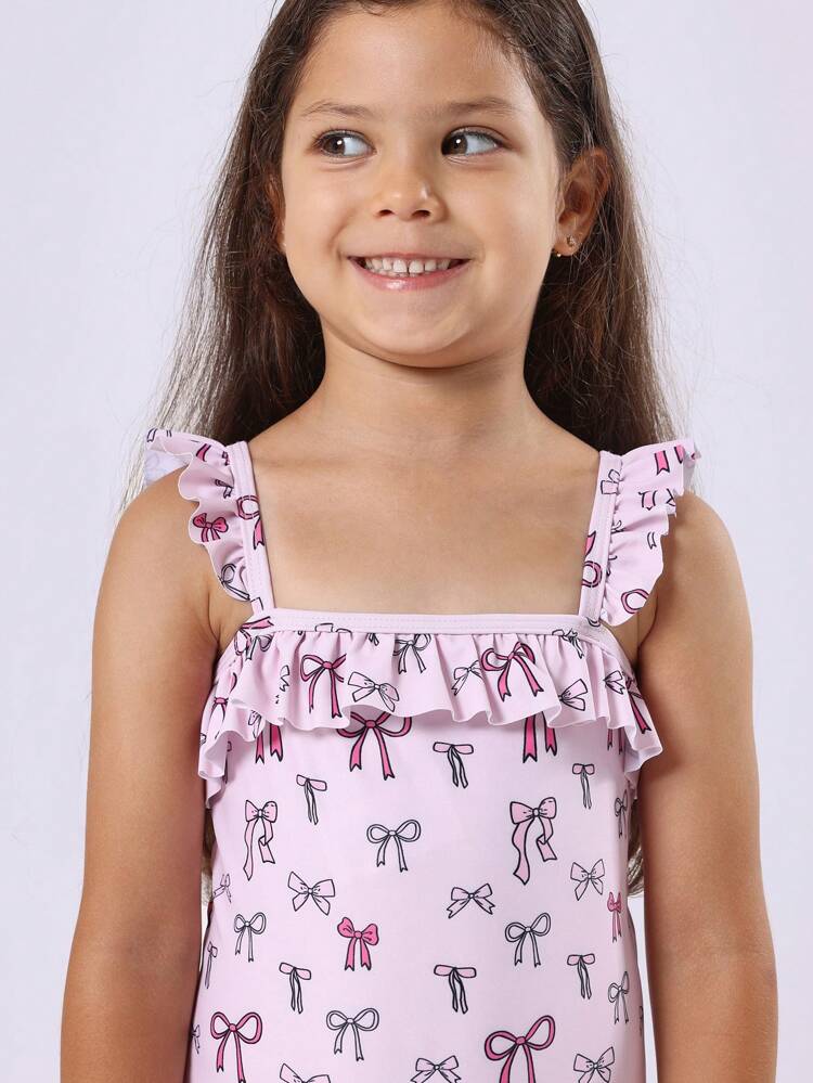 One-Piece Bow Print Ruffle Strap Swimsuit