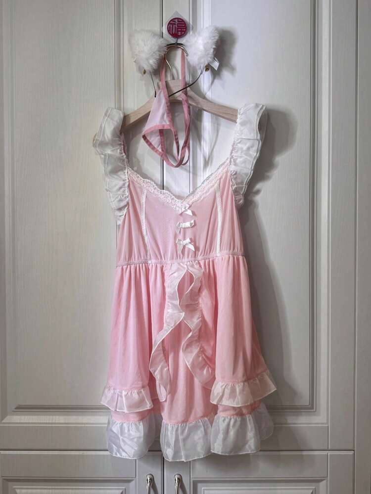 Sexy Sheer Mesh Contrast Ruffle Hem Nightgown Headband Animal Ear Set Thong Lingerie Costume For Women