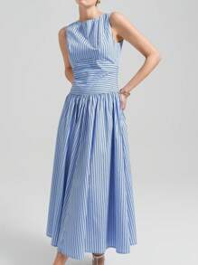 Ontre Vestido casual de verano con cuello redondo, sin mangas y estampado de rayas, estilo festivalero, de moda callejera tipo Estocolmo, para clubes de playa, fiestas nacionales y fiestas de maestras en 2025