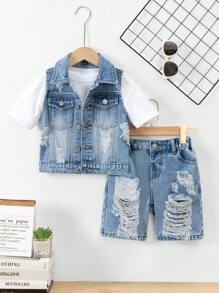 SHEIN Explorewe Young Boys Denim Two Pieces Outfits - Medium Wash - View 9