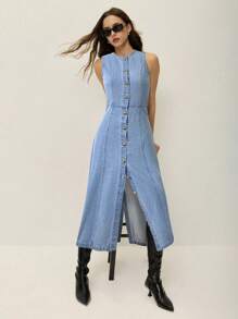 Poéselle Women Solid Color Round Neck Button Front Slit Sleeveless Denim Dress