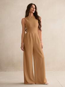 SHEIN Tall Casual Elegant Sleeveless Wide-Leg Black Jumpsuit - Camel - View 6