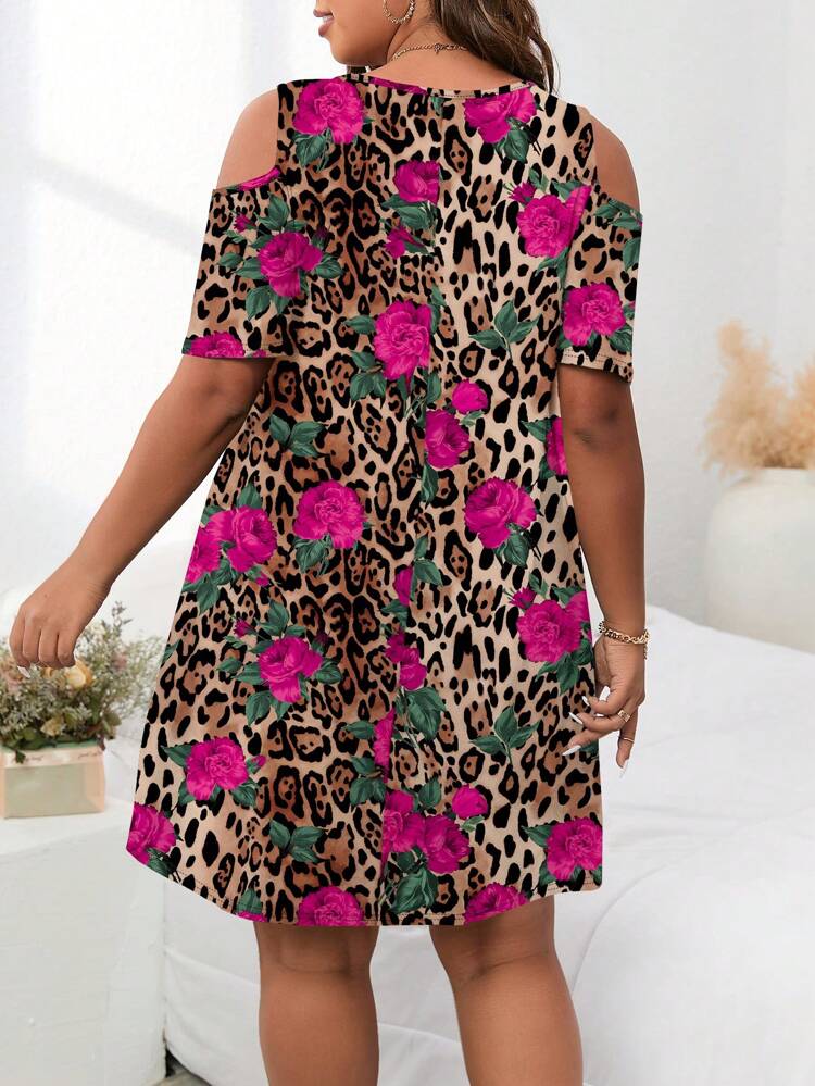 Plus Size Summer Fashion Leopard & Flower Print Off-Shoulder Dress,Sun Dresses For Women,Sundress Suitable For Going Out Chic Dress,Spring/Vacation