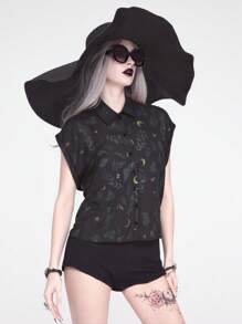 ROMWE Goth Camisa informal de mujer con estampado completo de luna y planta con estilo gótico