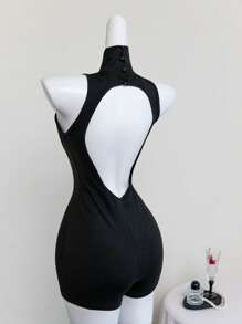 Elamini 黑色露背镂空高领连体裤，超弹柔软舒适瑜伽运动修身连体裤，休闲性感日常居家百搭女装，夏季 - 黑色 - 查看 2