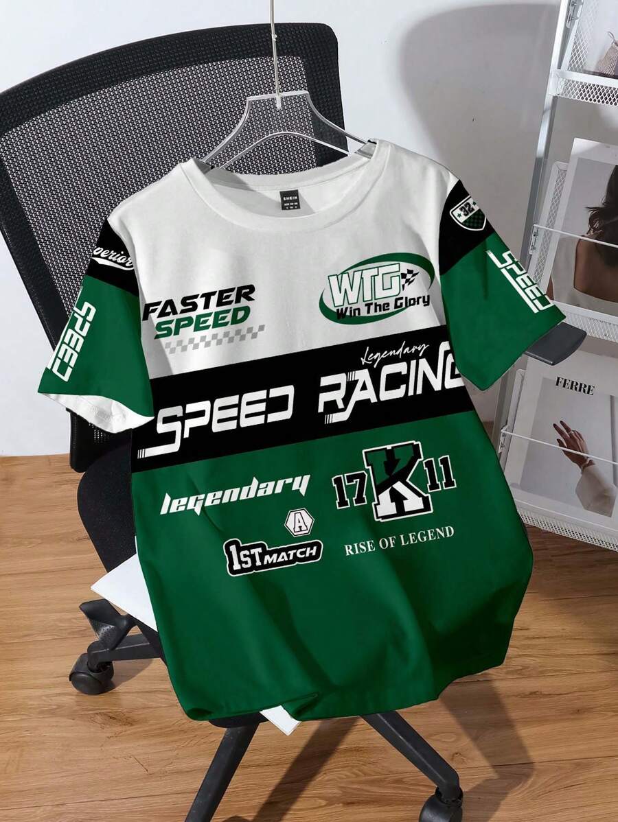 SHEIN EZwear 休闲运动风格赛车服运动服，徽章和字母印花宽松圆领短袖 T 恤，女士，夏季 - 彩色 - 查看 1