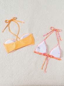 Swim Mod 2pcs/Set Women Random Floral Print Halter Backless Triangle Top And Adjustable Tie Bandeau Top Beach Wear Sets For Summer Beach Vacation - Multicolor - View 3