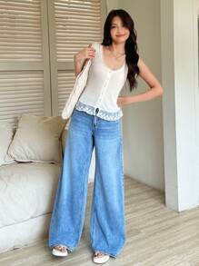 K-Vae 女士白色夏季舒适毕业度假上衣休闲紧身针织高弹蕾丝拼接上衣 - 杏色 - 查看 4