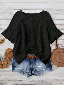 Linhara Plus Size Short Sleeve Plain Round Neck Shirt, Fashionable For Summer - Black - View 1
