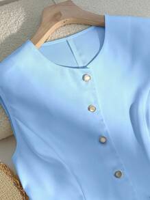 Franclia Femme Mode Blouse sans manches à simple boutonnage avec taille seyante et fausse poche, polyvalent pour un port quotidien - Bleu azur - Voir 4
