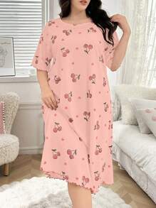 CottageSlumber Plus Size Women Cherry Print Short Sleeve Sleepshirt With Lettuce Trim, Moo Moo Sleep Dress - Multicolor - View 1