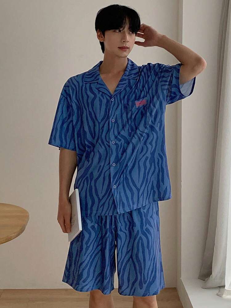 Summer Letter & Floral Print Blue Shirt And Men's Loungewear Set Pajama