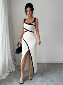 Chiquease French Elegant Waist-Gathered Ruffle Splice Backless Slit Bodycon Dress For Women - Apricot - View 1